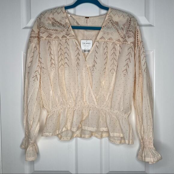 FREE PEOPLE Womens XS 100% Cotton V Neck Peplum Glitter Peasant Poet Blouse - Picture 9 of 12